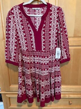 Burgundy and Cream Printed V-Neck Tiered Midi Dress